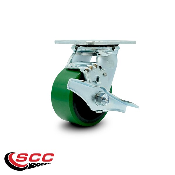 4 Inch Green Poly on Cast Iron Swivel Caster with Ball Bearing and Brake SCC